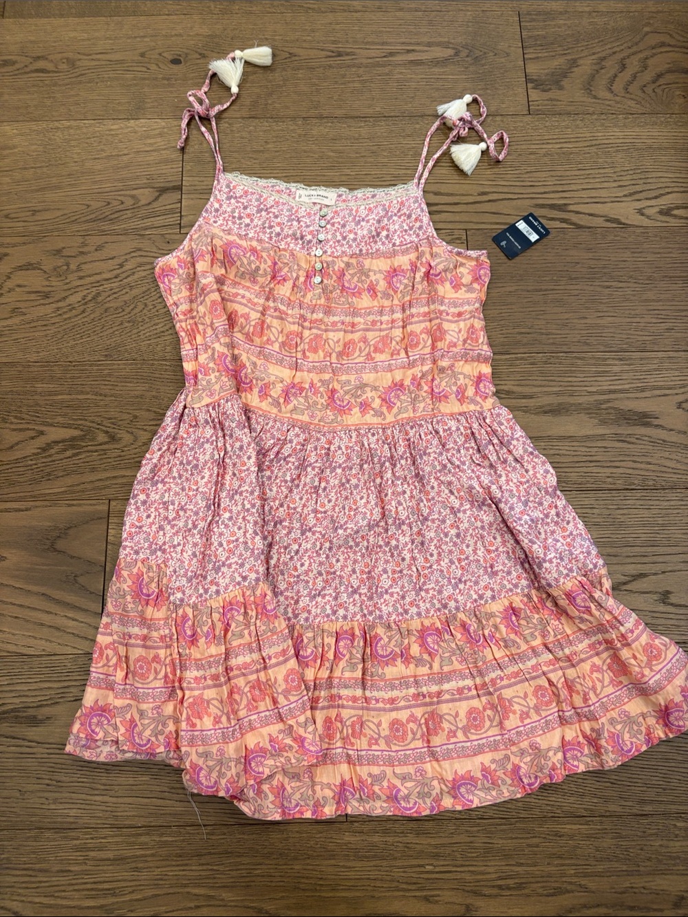 Lucky Brand Pink & Peach Floral Midi Dress with Tassel Straps